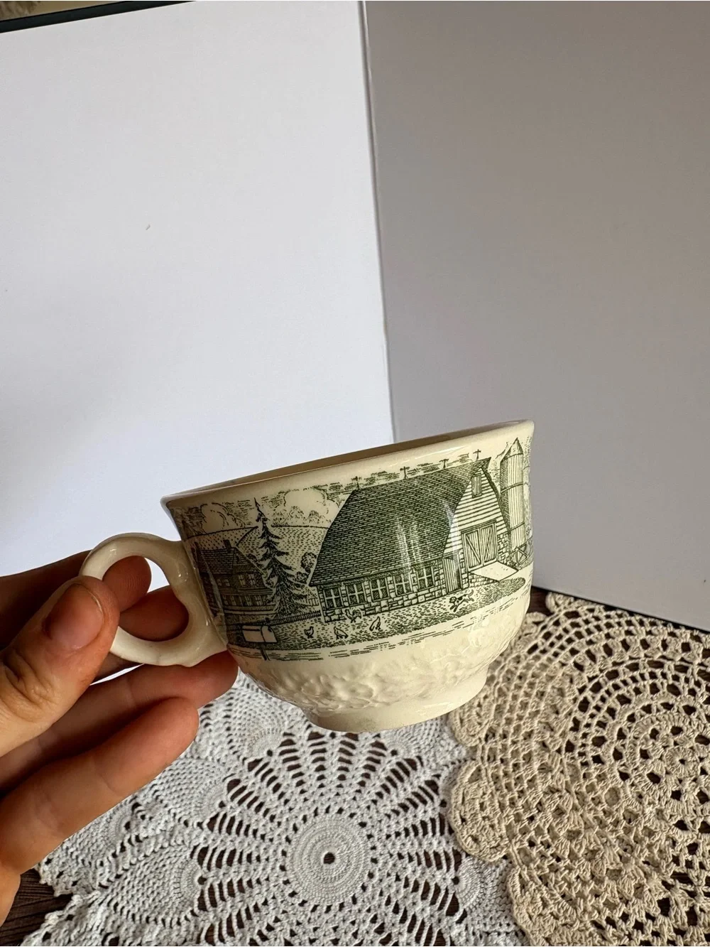 Vintage White Teacup with Green Country Themed Art